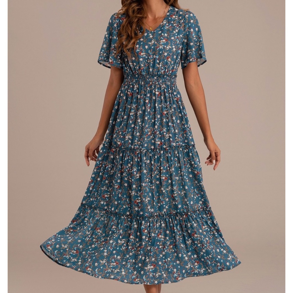 Blue Floral Short Sleeve V Neck Maxi Dress
